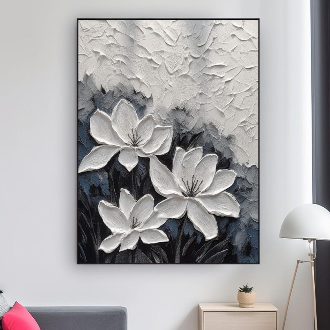 White Blooming Flowers With Heavy 3D Texture On Blue Gray Wall Art - Image 2