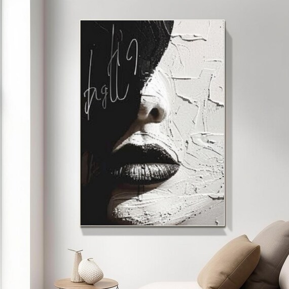 Black White Half Face Lips Close Up Textured Contrast Art Poster