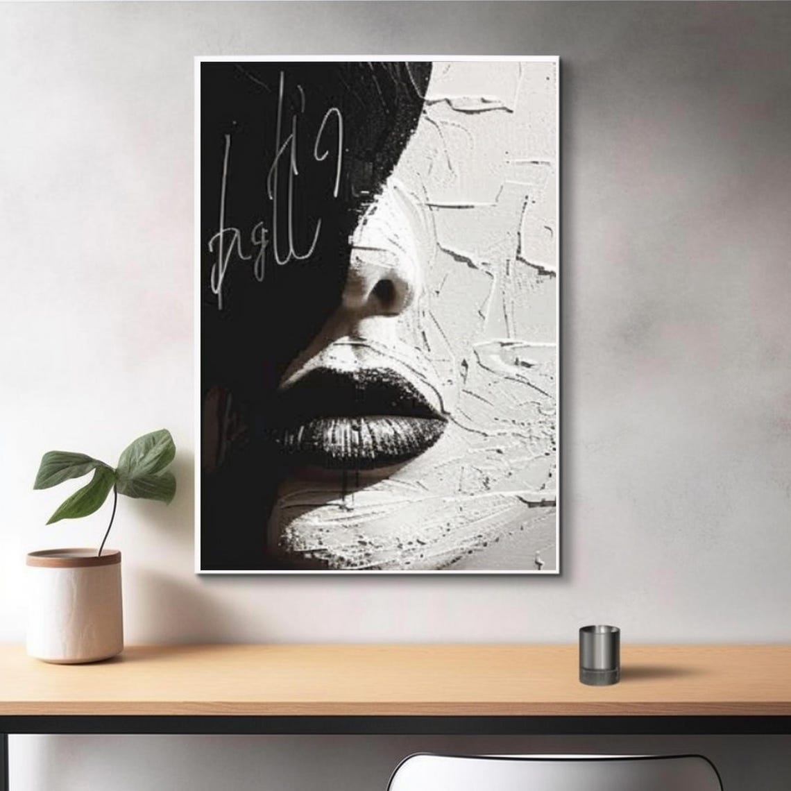 Black White Half Face Lips Close Up Textured Contrast Art Poster - Image 3