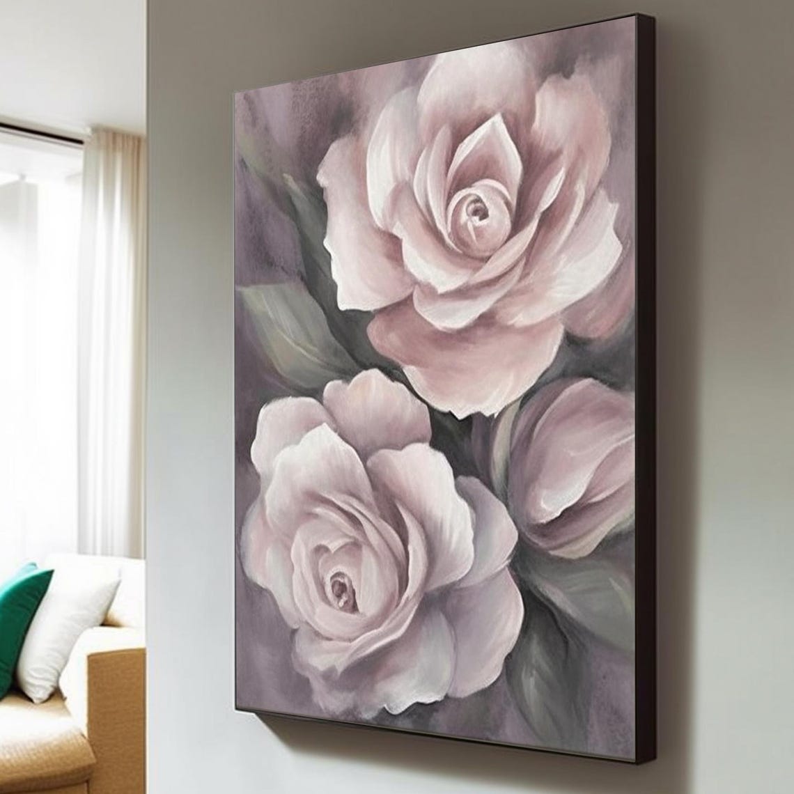 Large Soft Pink Roses Oil Painting Elegant Floral Still Life Wall Art - Image 5
