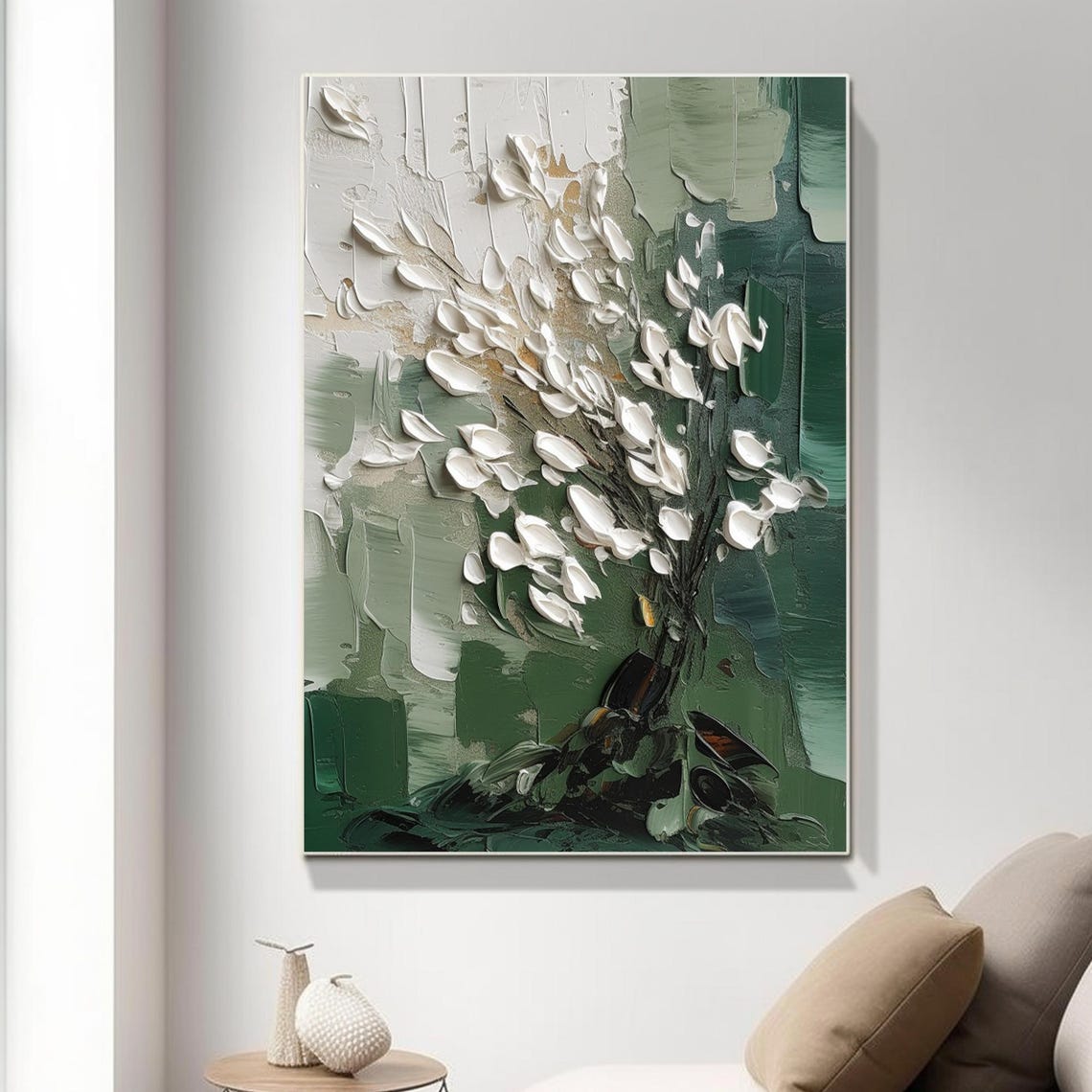 White Blossom Tree Emerald Green Bold Textured Botanical Art Poster - Image 5