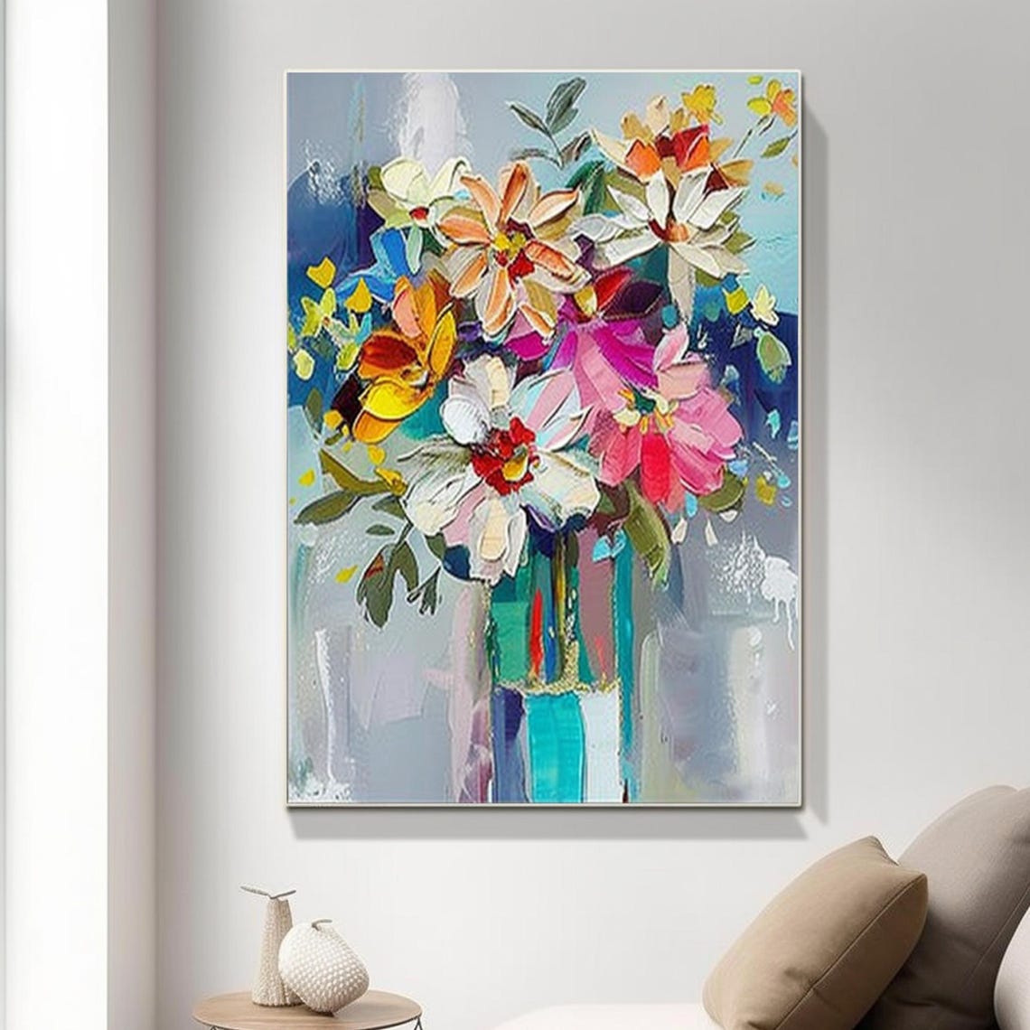 Colorful Bouquet in Turquoise Vase Abstract Floral Painting Poster