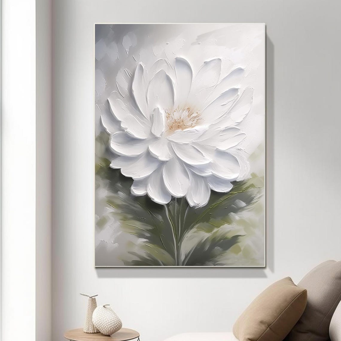 White Textured Flower With Green Foliage Minimalist Decor Art Poster - Image 2