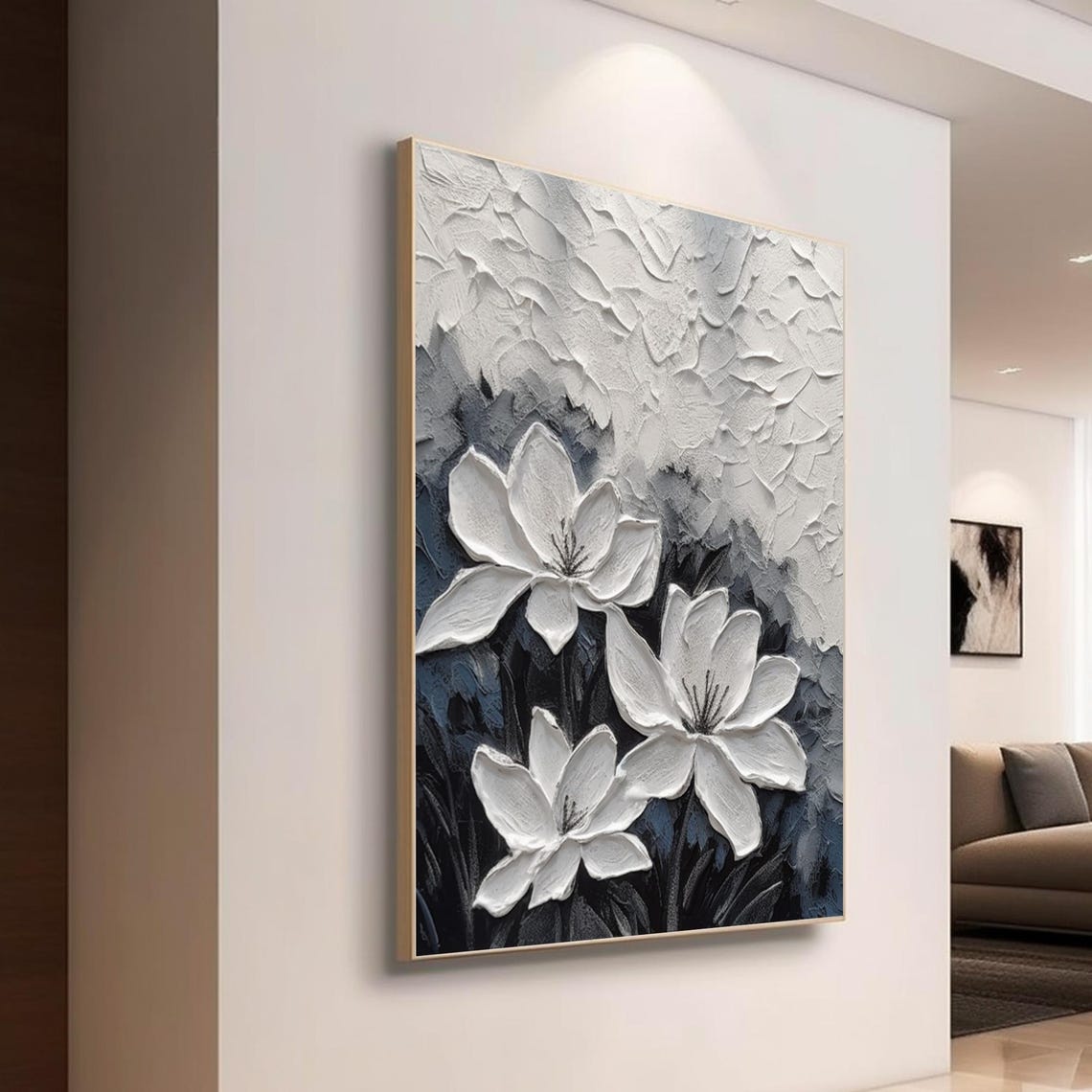 White Blooming Flowers With Heavy 3D Texture On Blue Gray Wall Art - Image 5