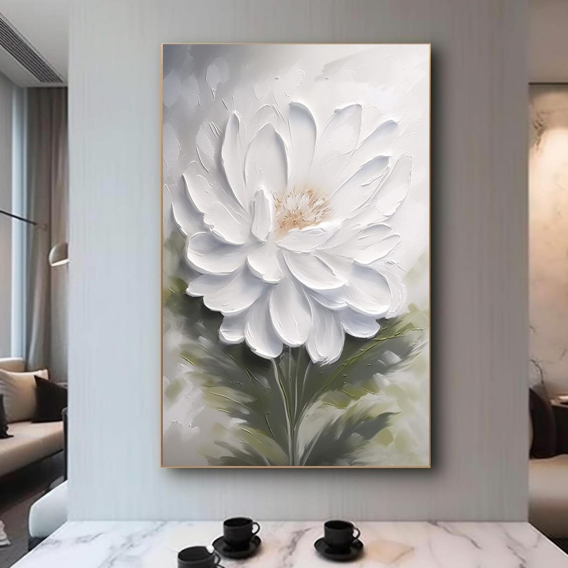White Textured Flower With Green Foliage Minimalist Decor Art Poster - Image 5