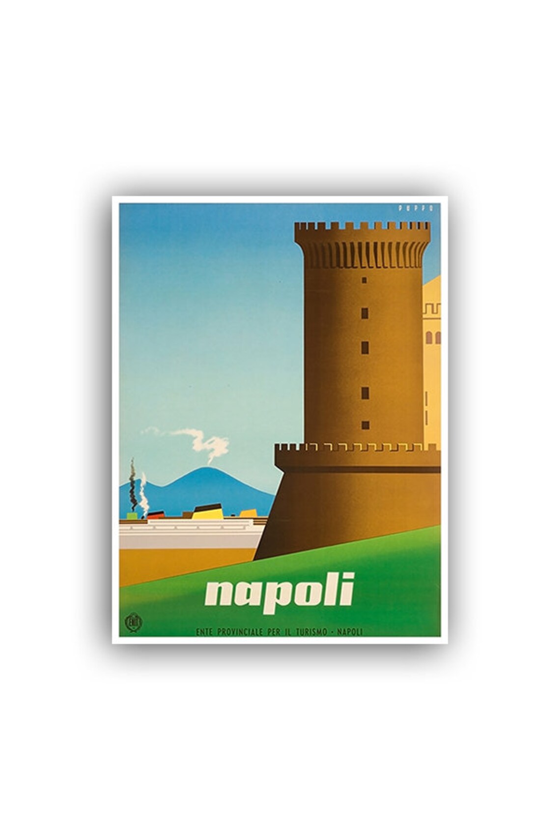 Napoli Castle Tower Vesuvius ENIT Vintage Italy Travel Poster