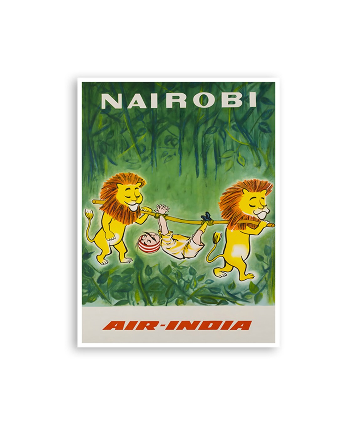 Nairobi Air India Vintage Airline Lions Carry Boy Jungle Poster