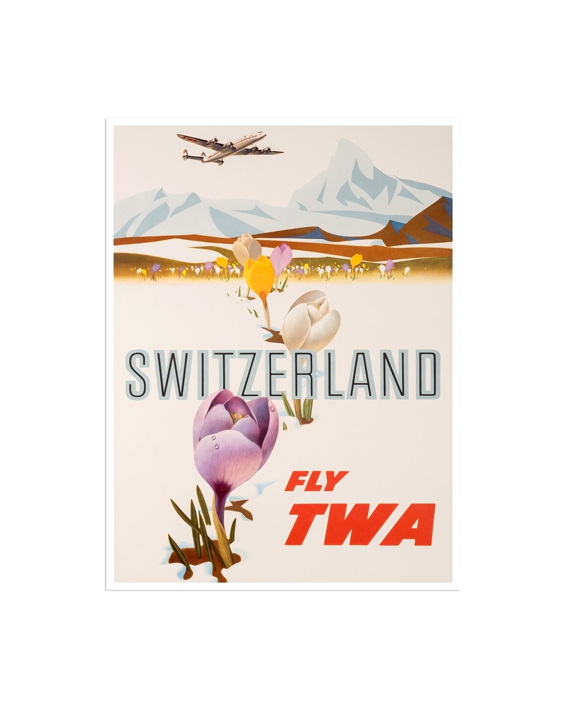 Switzerland Fly TWA Vintage Poster with Crocus Flowers and Alps