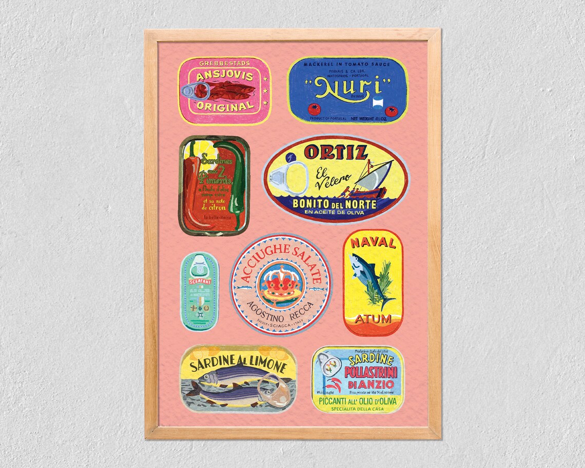 Colorful Fish Tins Art Print, Sea Life Illustration