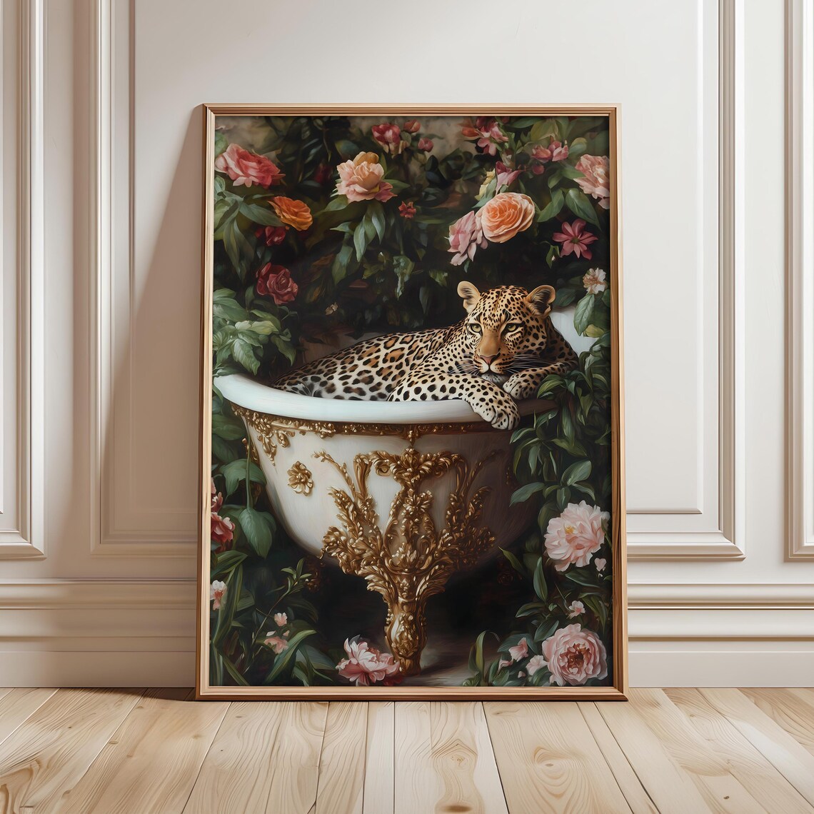 Leopard In Bathtub Art Print, Cheetah Bathroom Poster