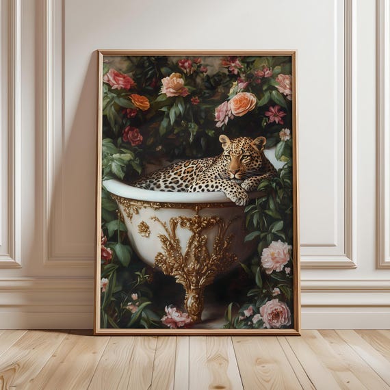 Leopard In Bathtub Art Print, Cheetah Bathroom Poster