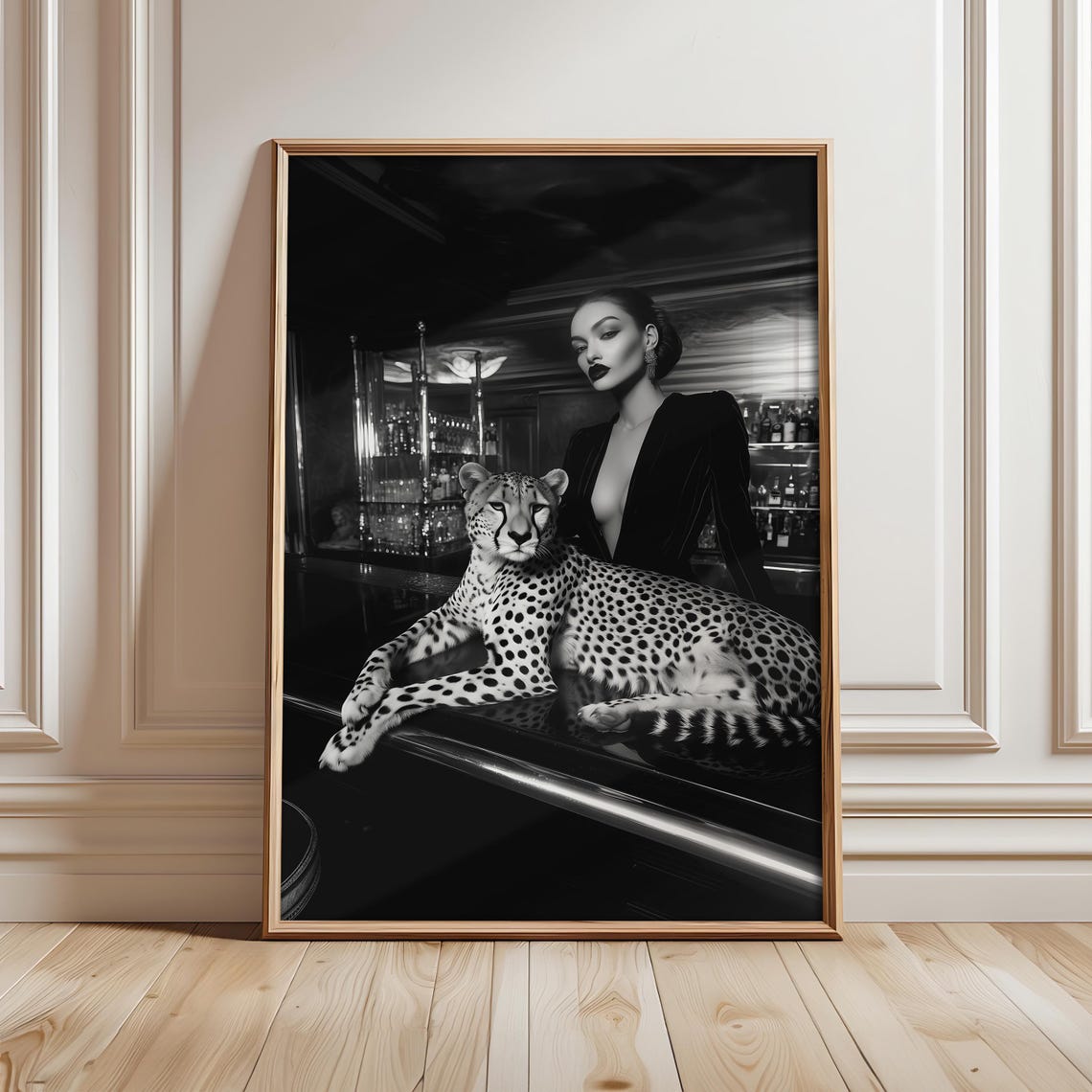 Glamorous Woman With Cheetah at Vintage Bar Black and White Poster