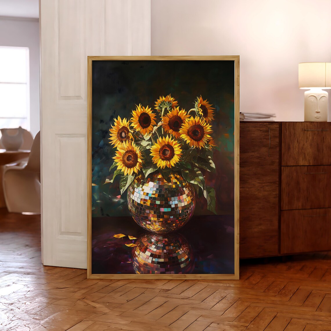 Sunflowers in Disco Ball Vase Moody Oil Painting Floral Poster