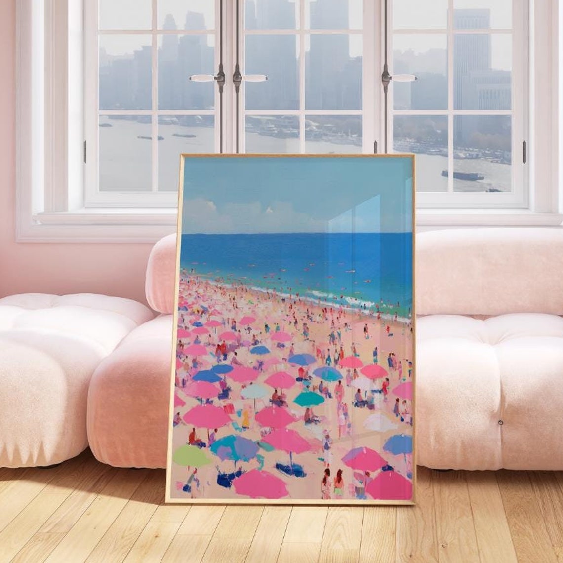 Pink Beach Umbrellas Crowded Beach Ocean Painting Coastal Art Print - Image 3