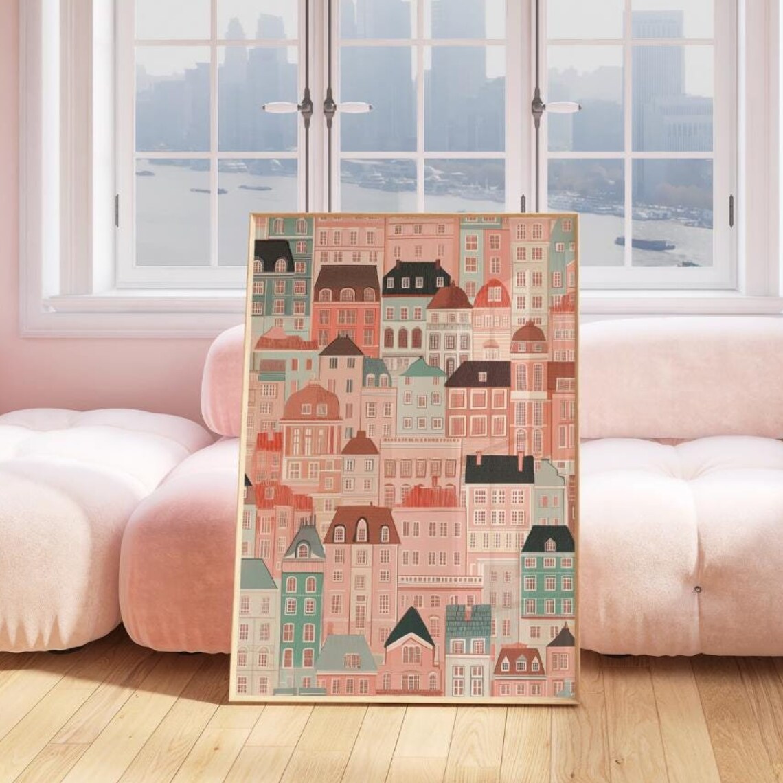 Pastel House Facades Illustration Colorful City Buildings Poster