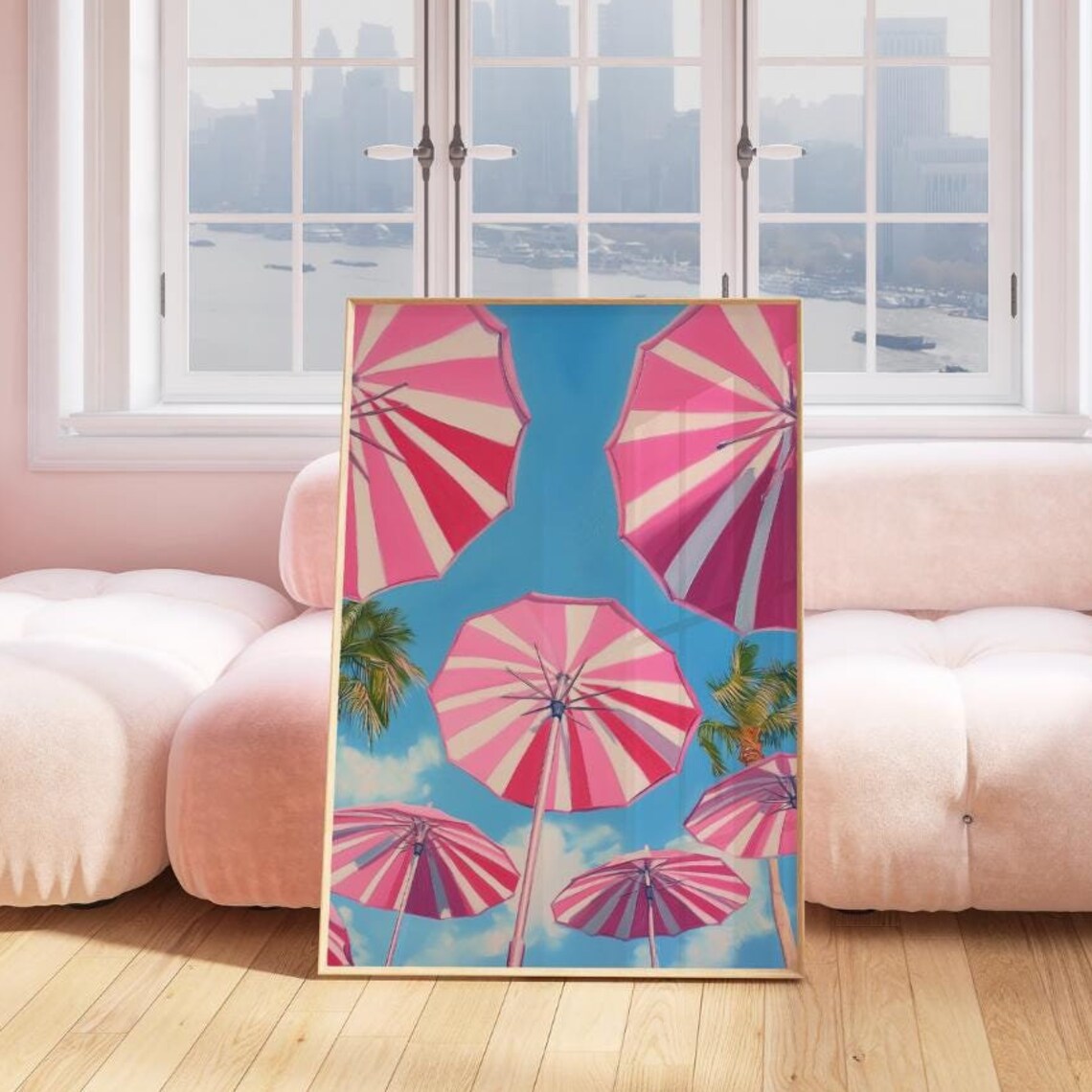 Pink Striped Beach Umbrellas Painting Trendy Coastal Pop Art Poster