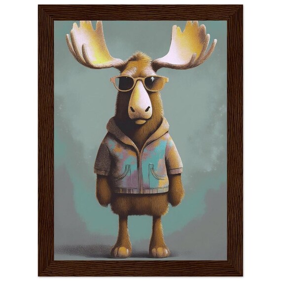 Hipster Moose with Sunglasses and Denim Jacket Illustration Poster