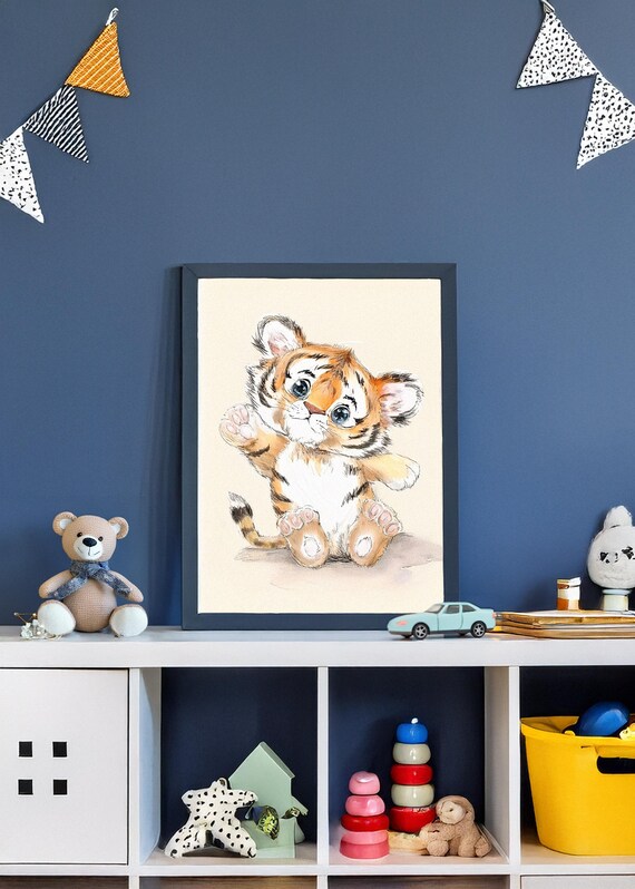 Cute Watercolor Tiger Cub With Big Blue Eyes Nursery Decor Poster
