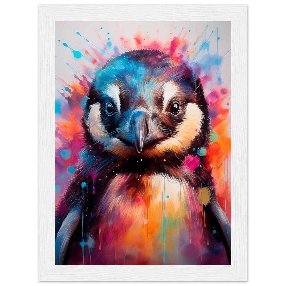 Colorful Watercolor Penguin Portrait Splash Art Kids Room Poster