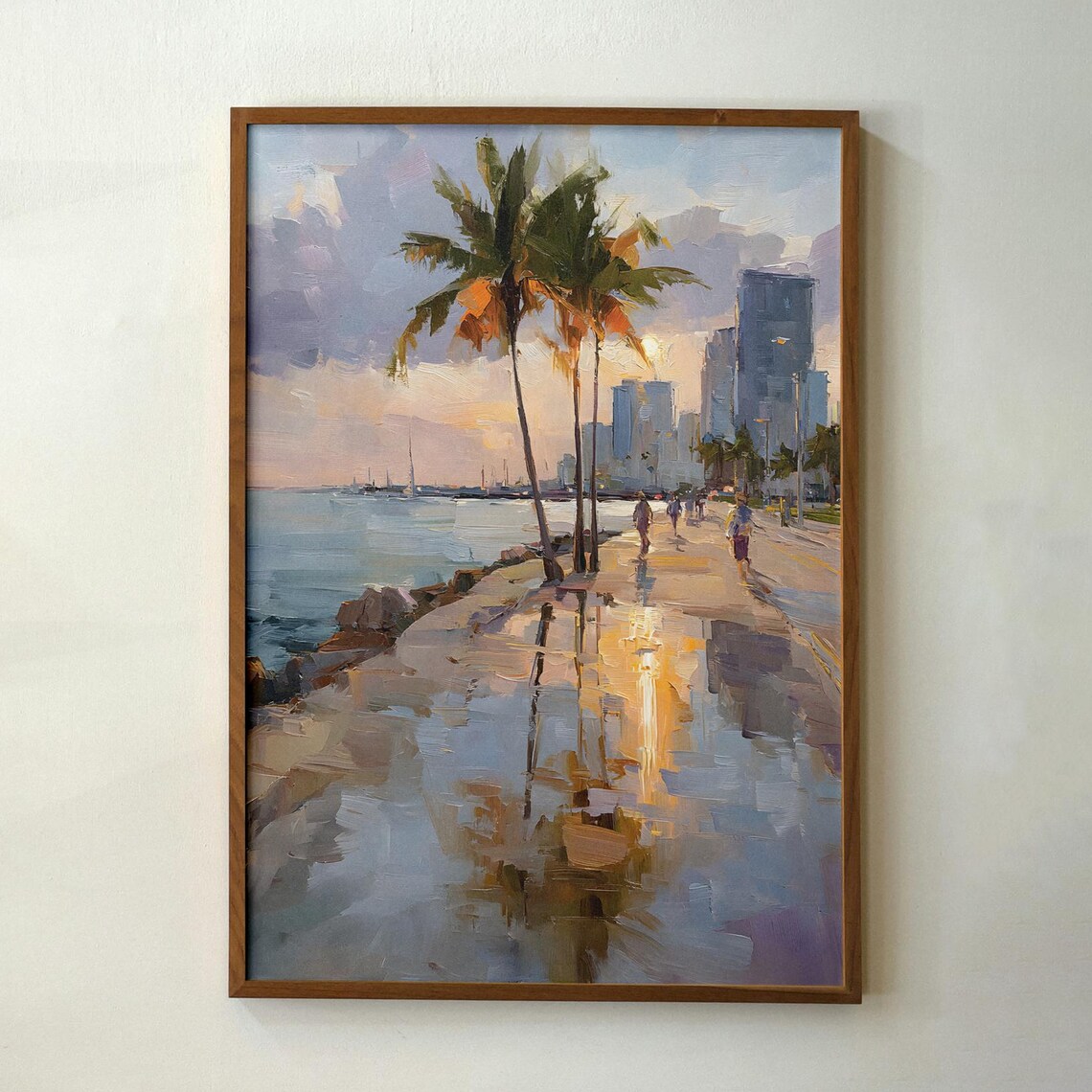 Miami Bayside Sunset Palm Trees Beach Impressionist Painting Print