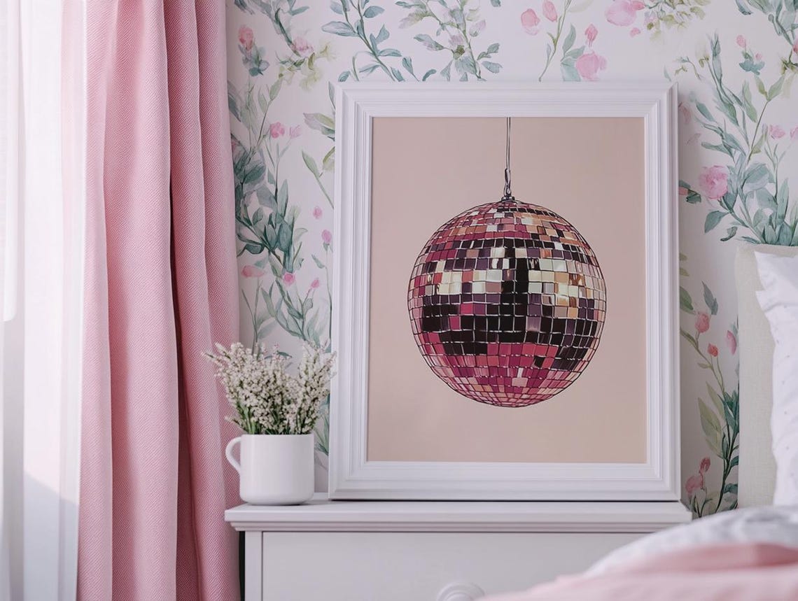 Pink Disco Ball Mirror Ball Retro Dorm Room Wall Art Girly Decor - Image 3