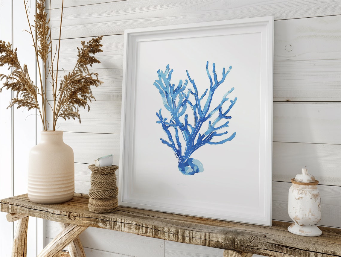 Blue Coral Watercolor Coastal Beach House Trendy Ocean Wall Art - Image 4