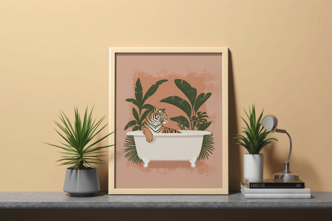 Tiger In Bathtub Tropical Animal Print Maximalist Jungle Artwork Boho Wall Art Botanical Bathroom Painting Safari Bath - Image 2