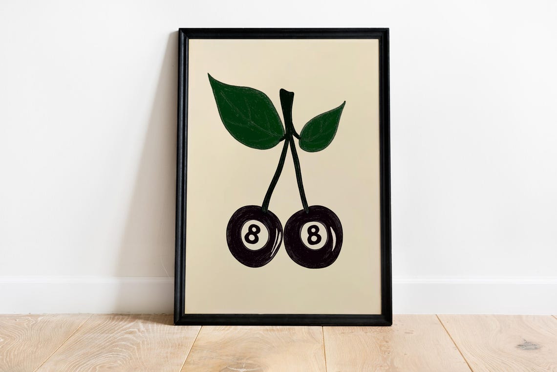 Cherry Eight Ball Minimalist Black and Green Fruit Illustration Poster - Image 4