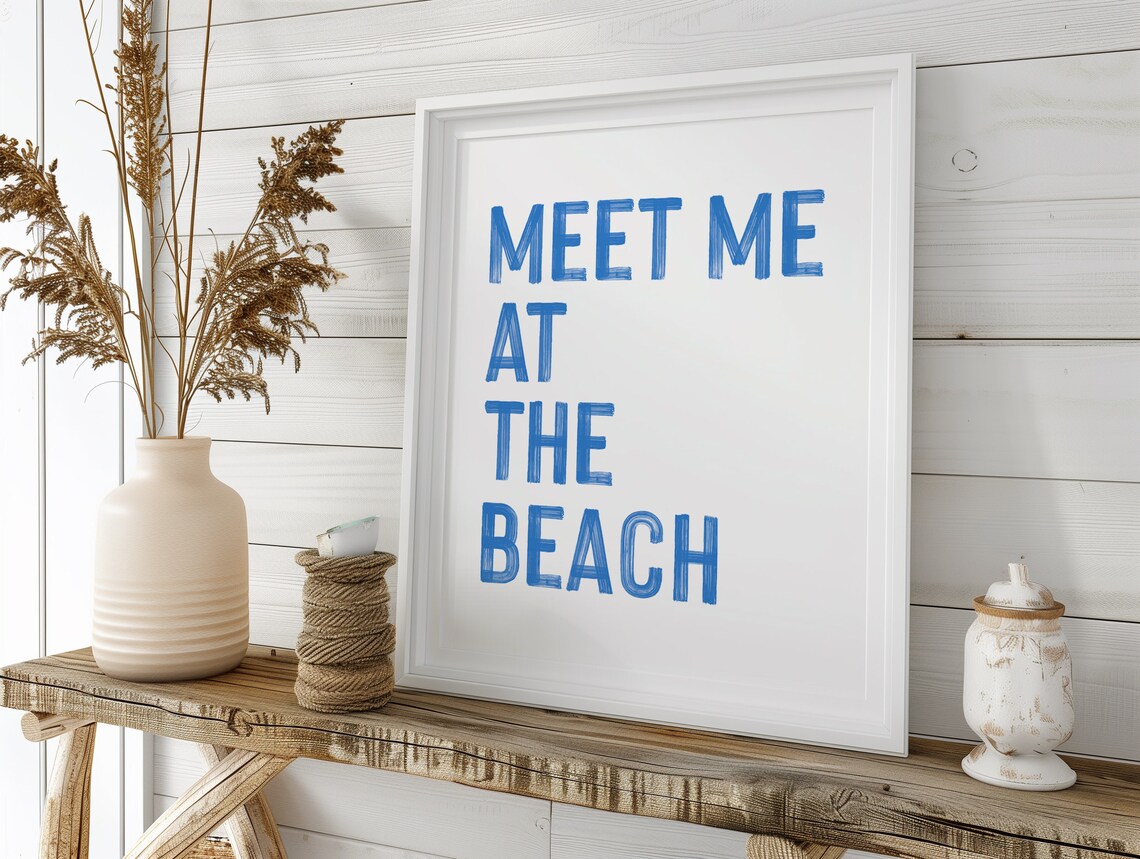 Meet Me At The Beach Coastal Typography Poster Blue Brush Lettering Decor - Image 2