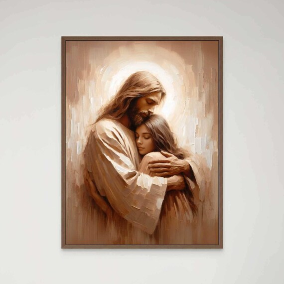 Jesus Holding Young Girl Close With Warm Halo Glow In Brown Tones Poster