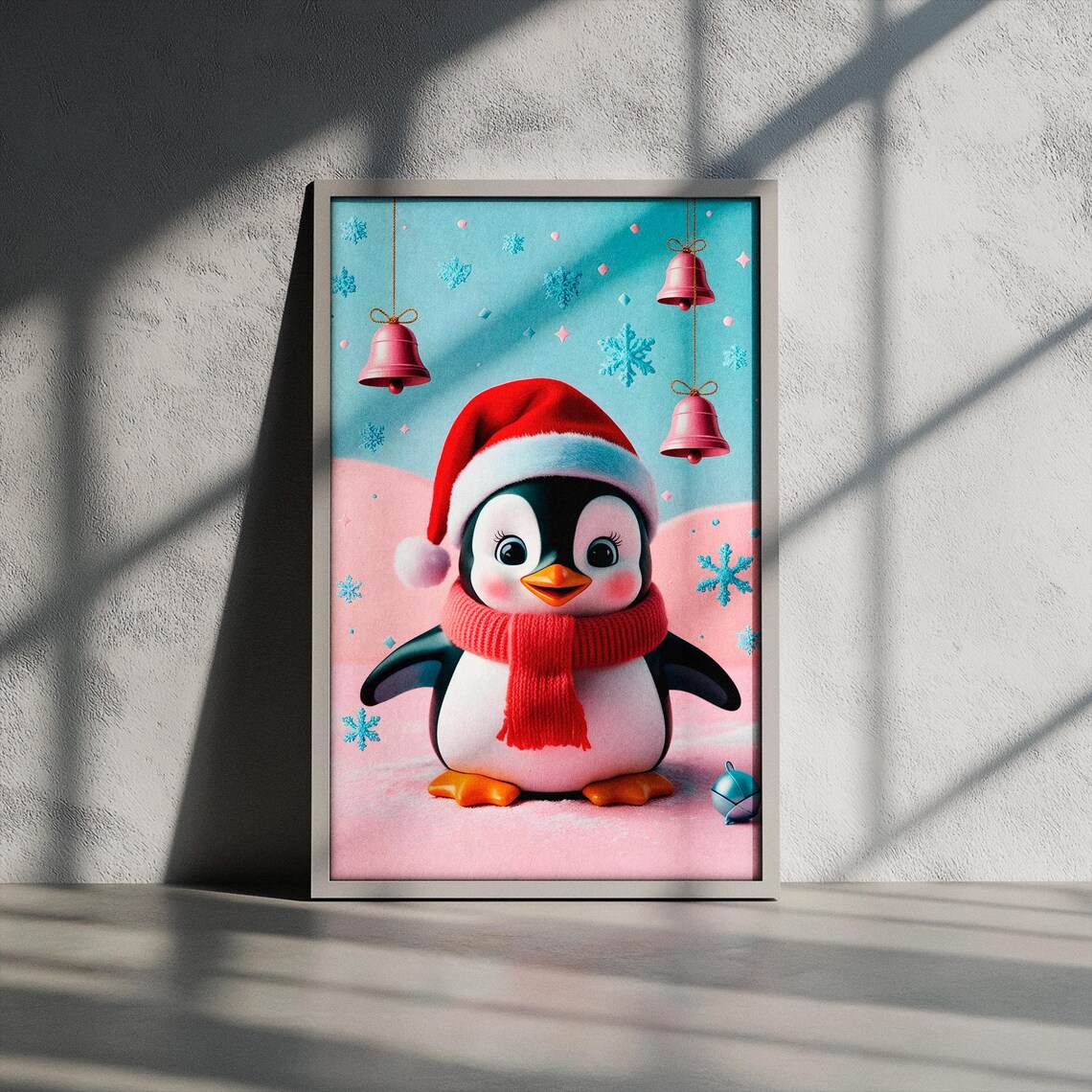 Baby Penguin in Santa Hat Red Scarf Pink Bells Christmas Poster