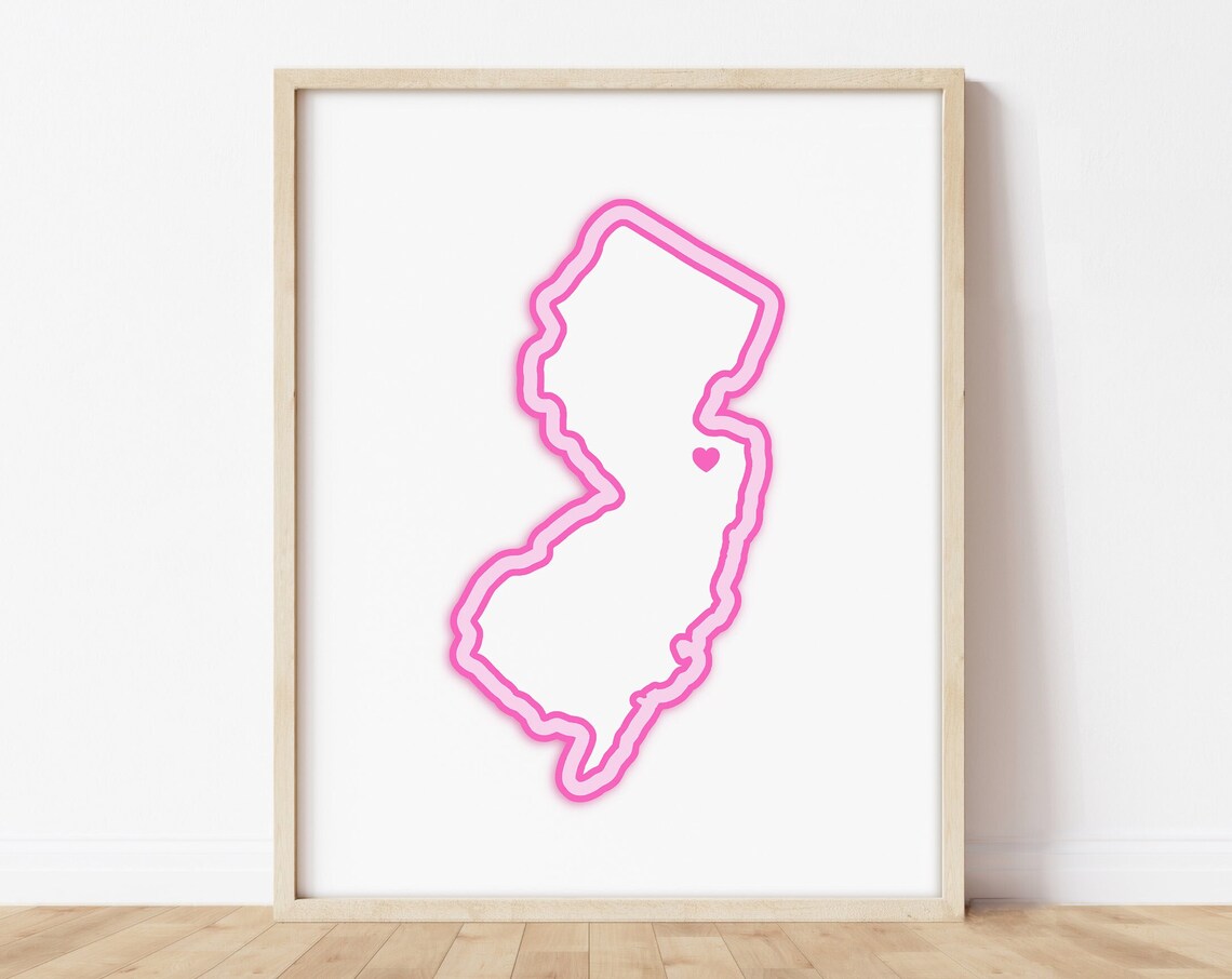 New Jersey Pink Neon State Outline Heart Hometown Map Poster