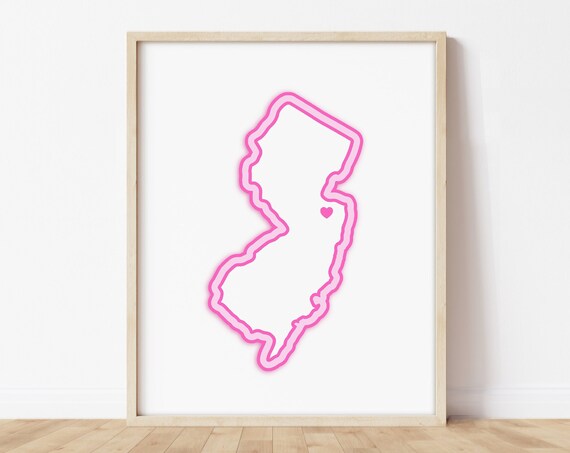 New Jersey Pink Neon State Outline Heart Hometown Map Poster