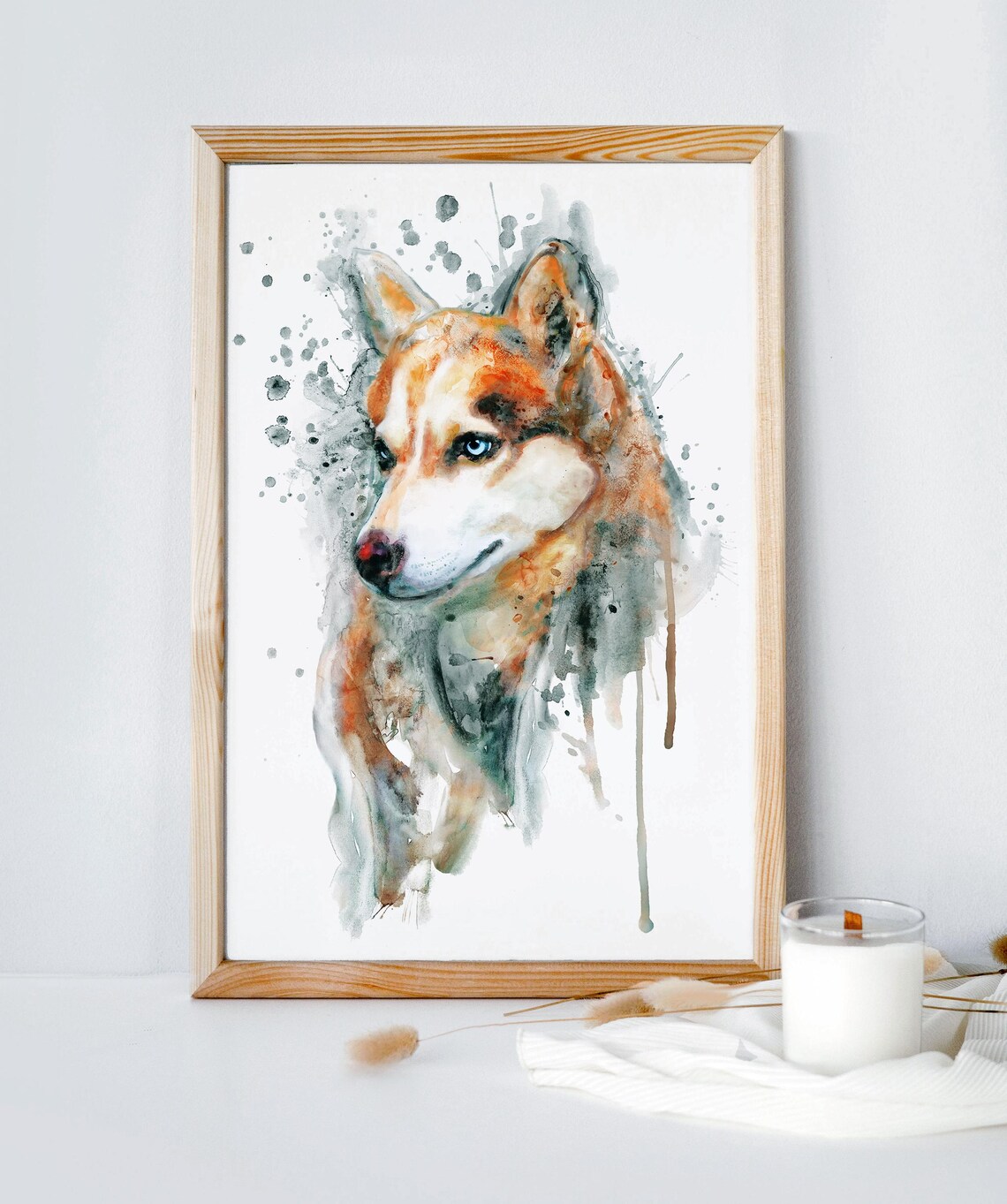 Red Siberian Husky Watercolor Portrait Blue Eye Dog Art Poster