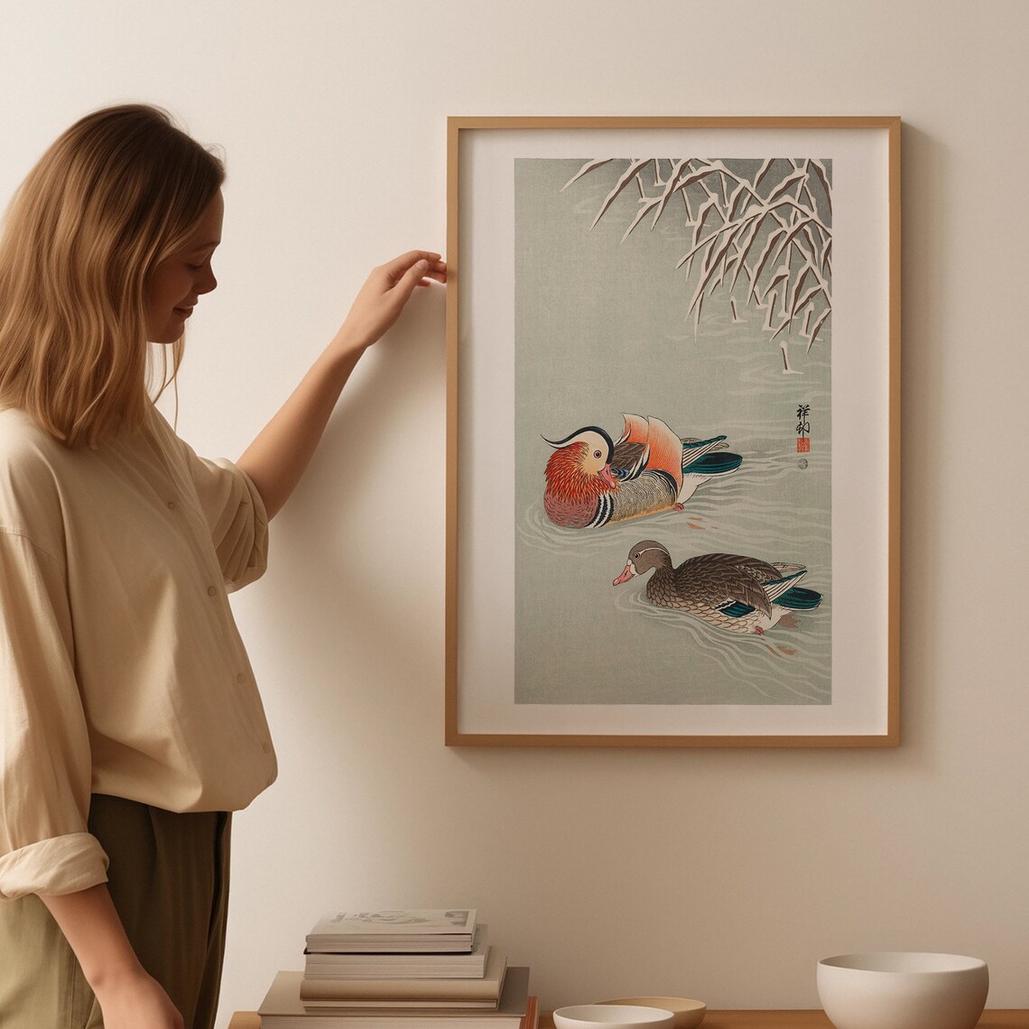 Ohara Koson Mandarin Ducks Swimming Bamboo Vintage Bird Woodblock Poster - Image 3