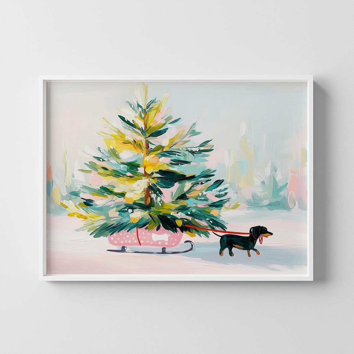 Dachshund Pulling Christmas Tree Sled Pastel Holiday Art Print