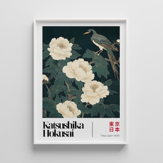 Hokusai White Peonies and Songbird Japanese Floral Art Poster
