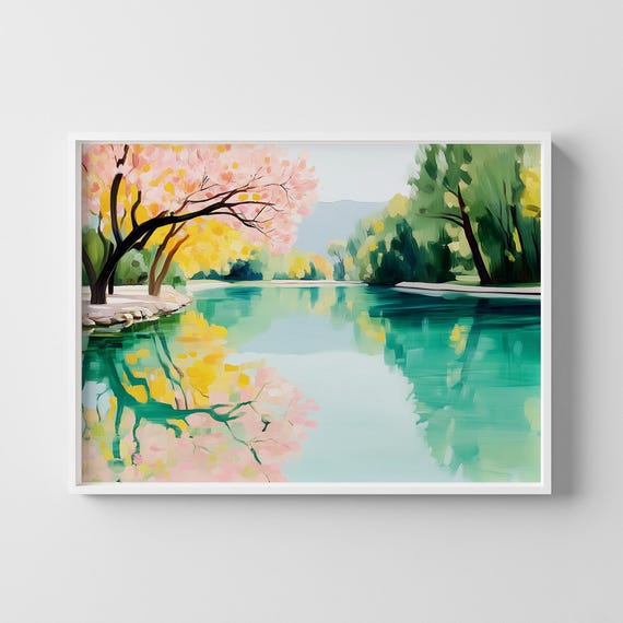 Pastel Lake Landscape Print Blooming Nature Wall Art