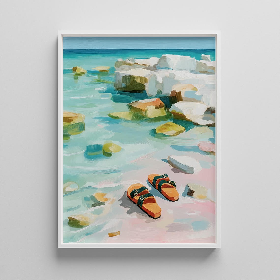 Orange Sandals on Pink Beach With Turquoise Water Coastal Art Poster