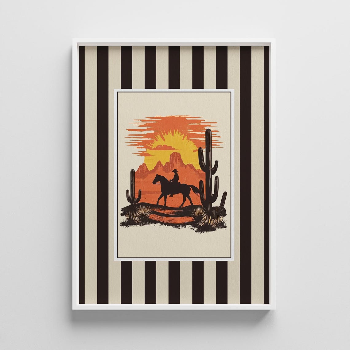 Cowboy Riding Into Orange Desert Sunset Vintage Western Scene Poster