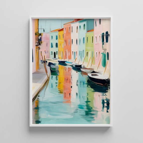 Venice Canal Colorful Houses Boat Reflection Pastel Painting Poster