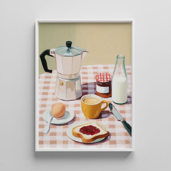Vintage Breakfast Wall Art Grand Millennial Kitchen Poster Cozy Maximalist Coffee Print Retro Food Illustration