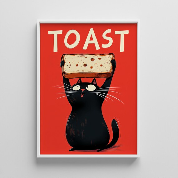 Funny Black Cat Holding Toast Overhead Red Background Art Poster