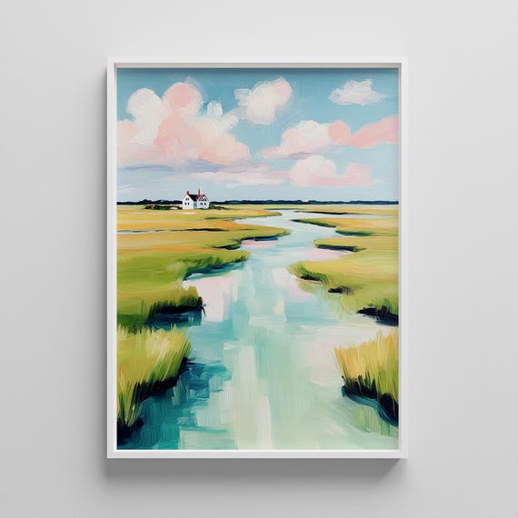Country Landscape Wall Art Cottage By River Poster Farmhouse Countryside Nature Decor