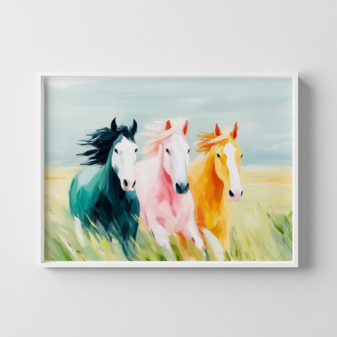 Three Colorful Horses Running Through a Field Painting Poster