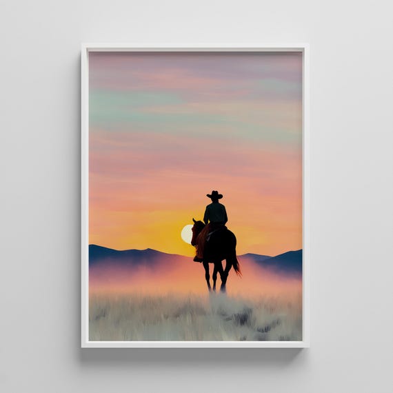 Cowboy Sunset Wall Art Western Landscape Poster Rustic Silhouette For Home Decor