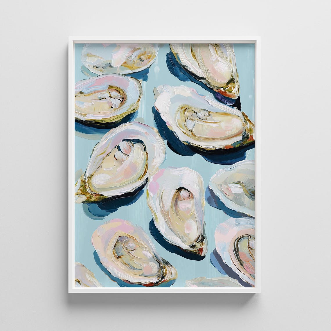 Fresh Oysters On Light Blue Impasto Coastal Kitchen Art Poster