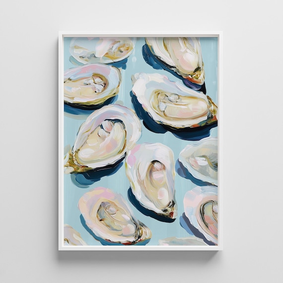 Fresh Oysters On Light Blue Impasto Coastal Kitchen Art Poster