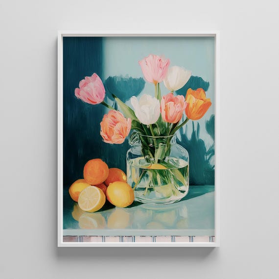 Still Life Tulips And Citrus Art Print Colorful Kitchen Wall Decor Floral Fruit Painting Poster