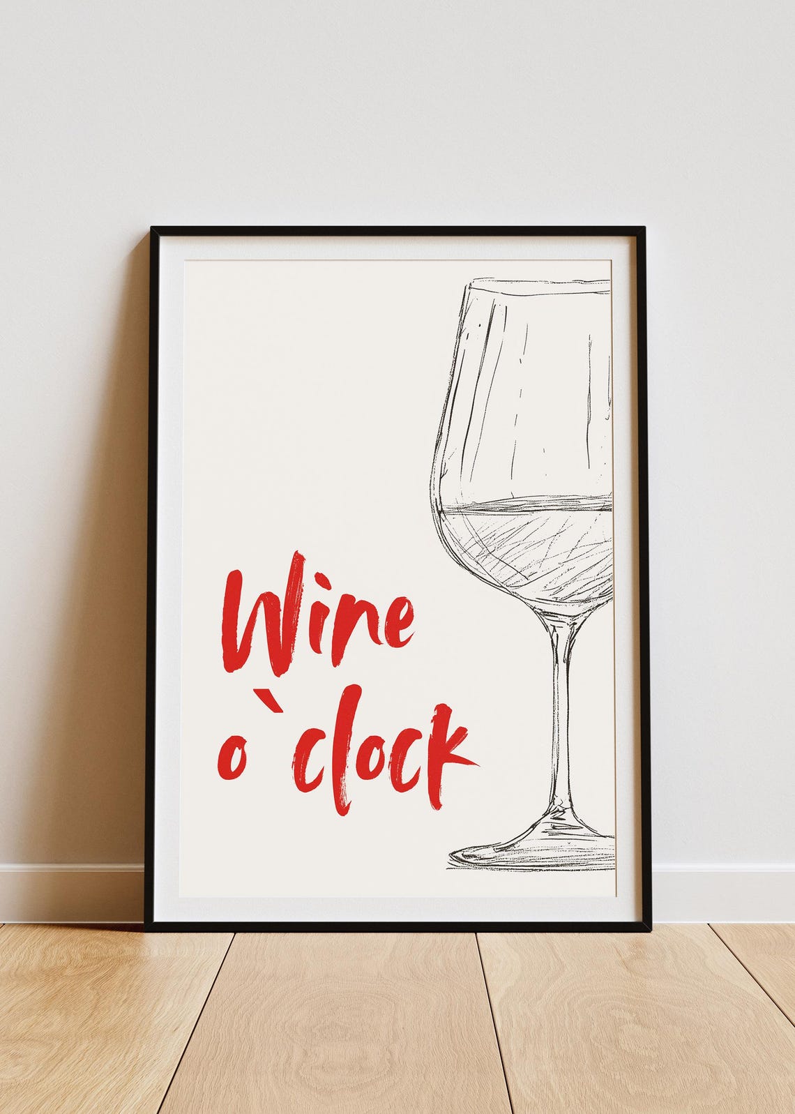 Wine Oclock Red Script Wine Glass Sketch Kitchen Decor Art Poster